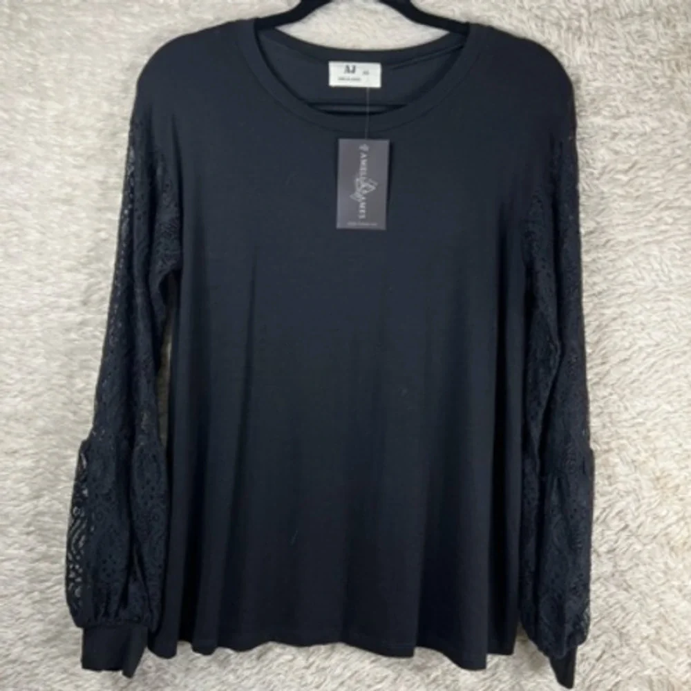 Amelia James Womens Blouse Black Long Sleeve Crew Neck Stretch‎ Lace XS New